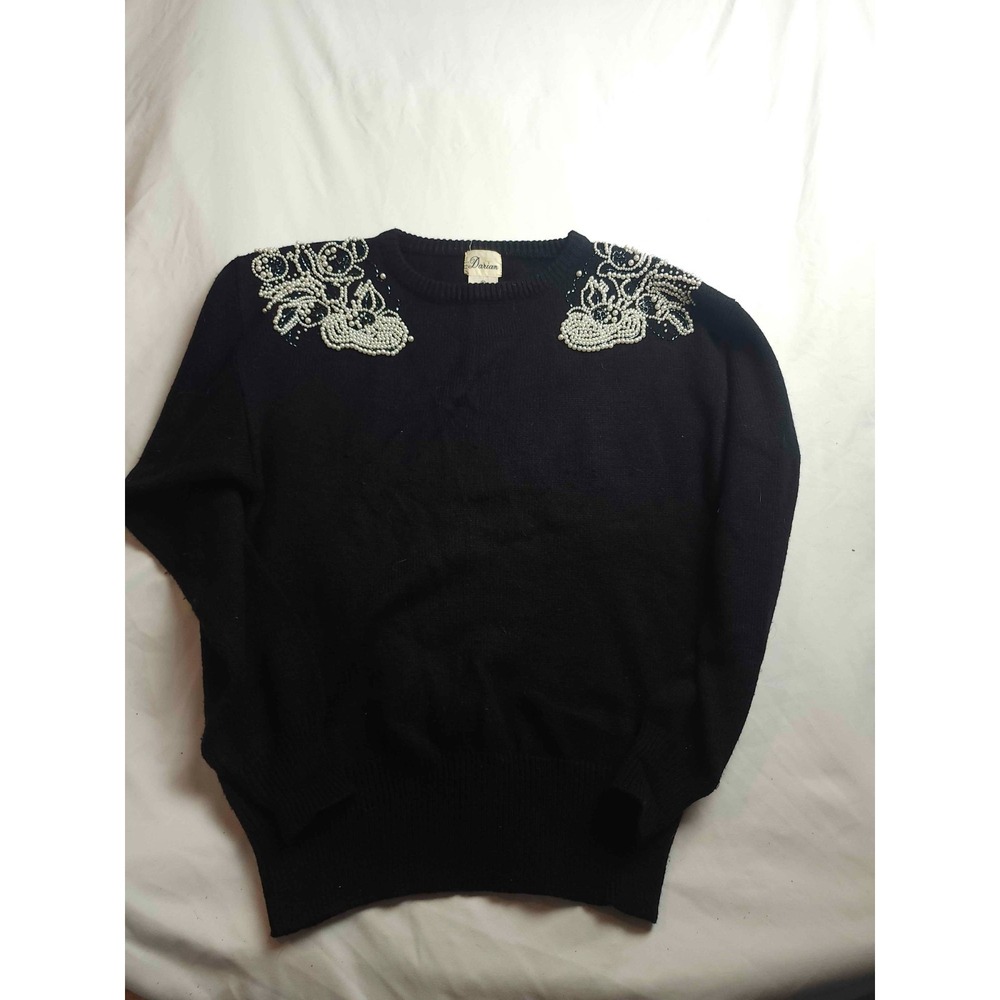 Darian Pullover Sweater Womens Medium Black Knit Faux Pearl Beaded Jeweled Retro